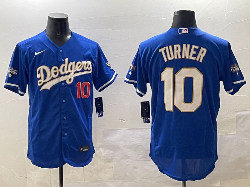 Men Los Angeles Dodgers 10 Turner Blue Gold Elite 2025 Nike MLB Jersey style 5